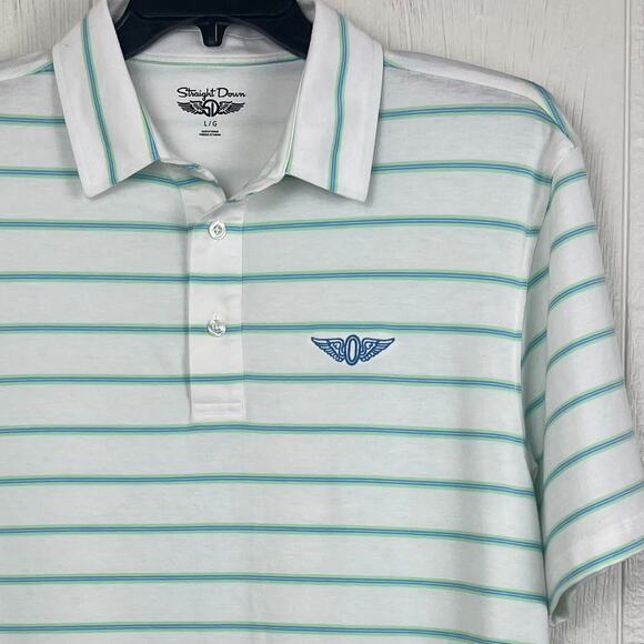 Straight Down Polo men’s Large white w/ blue stripe polyester spandex blend Golf - Picture 2 of 7